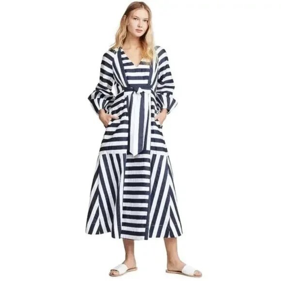 Mara Hoffman Vivica Dress Tie Waist Striped Navy White Size 2 - Picture 1 of 5
